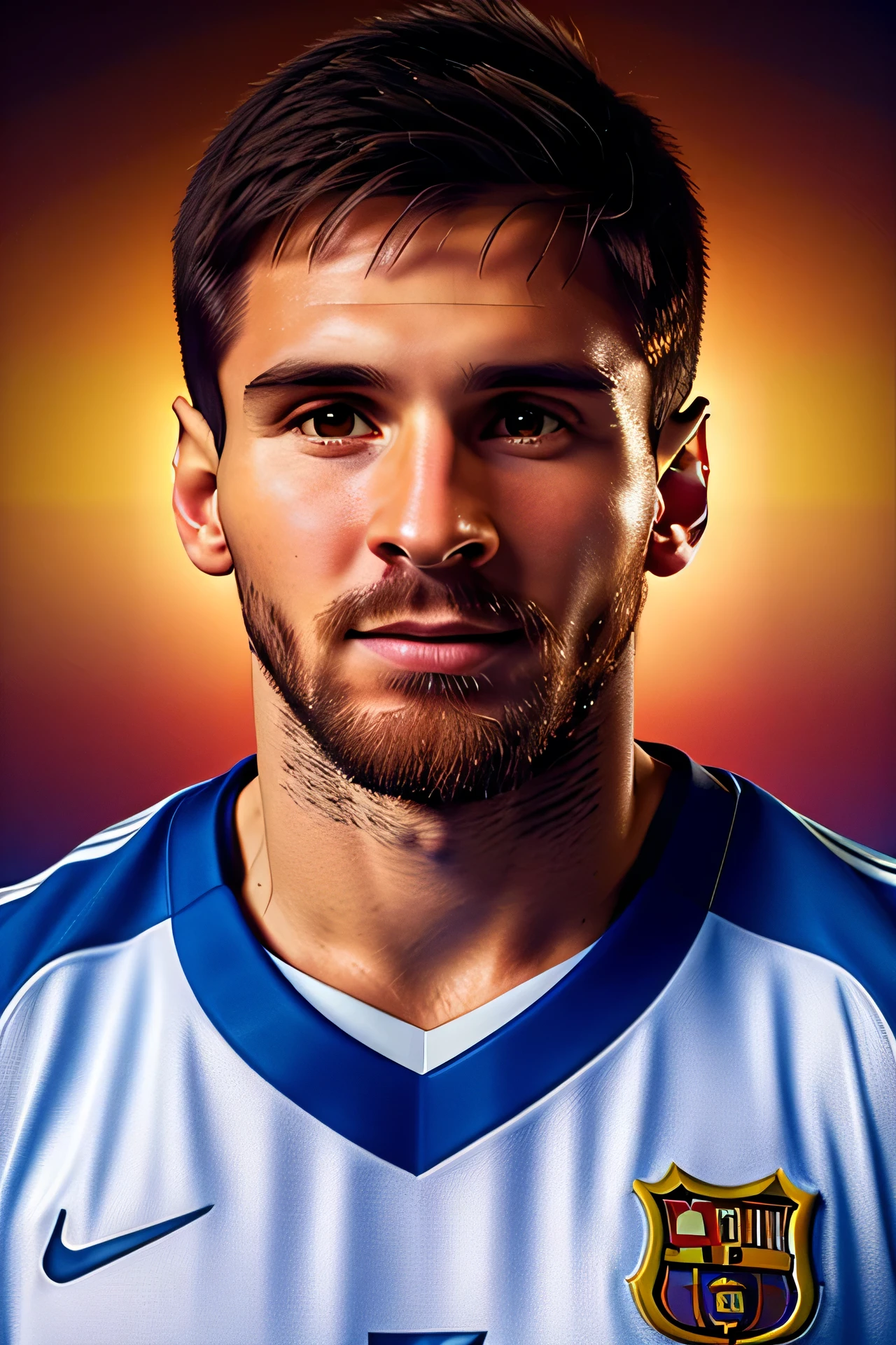Famous soccer player leonil messi, half body shot, detailed face, detailed representation of the face, detailed eyes, high quality, high resolution, best image, whole body shot wearing his baskteball jersey outfit, facing the audience, 8k, high quality, colorful background, light contrast