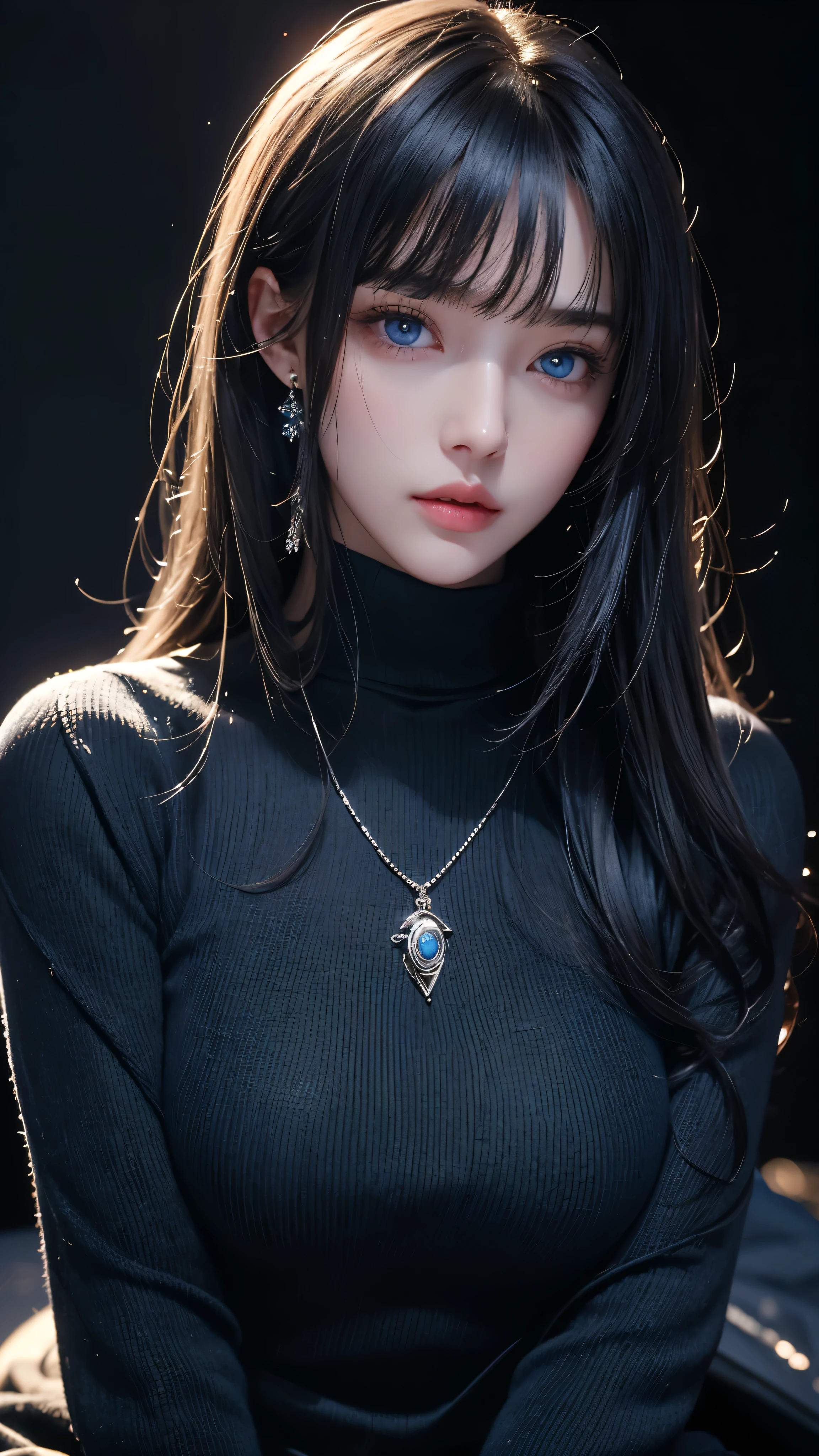 masterpiece, highest quality, Super detailed, Facing the camera, Super detailed, Realistic, Sharp features, Very detailed, Sharp focus, Perfect Face, Perfect Face, Perfect symmetrical perfect eyes, Perfect Plump Lips, Flexible female form, Cinematic, Film Light, Super detailed, hyper Realistic, masterpiece, Atmospheric, High resolution, Vibrant, Dynamic Studio Lighting, ((Dark Background)), The expression when enduring pleasure, Straight bangs, blue eyes,Black sweater, Cowboy Shot,turtleneck、first round、Sexually aroused expression、Accessories on the chest、Clothes with cuts