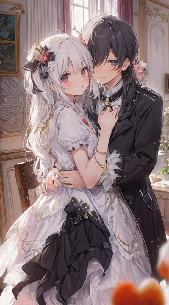 A happy-looking smile、((Two people hugging in the room:1.8)),(blush:1.1),Necklace,To this'Just like them'fight、Top quality、On the table、Blush makeup、Morbid image、black and red lolita fashion、A person's shortcut、Long colored hair、《The room is messy》、rupture、Very good style、出现两名woman、woman2one person