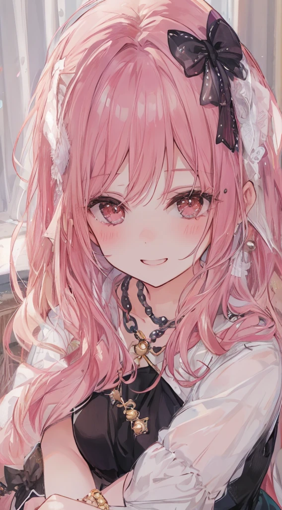 A happy-looking smile、((Two people hugging in the room:1.8)),(blush:1.1),Necklace,To this'Just like them'fight、Top quality、On the table、Blush makeup、Morbid image、black and red lolita fashion、A person's shortcut、Long colored hair、《The room is messy》、rupture、Very good style、出现两名woman、woman2one person