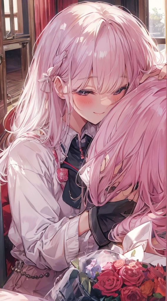 A happy-looking smile、((Two people hugging in the room:1.8)),(blush:1.1),Necklace,To this'Just like them'fight、Top quality、On the table、Blush makeup、Morbid image、black and red lolita fashion、A person's shortcut、Long colored hair、《The room is messy》、rupture、Very good style、出现两名woman、woman2one person