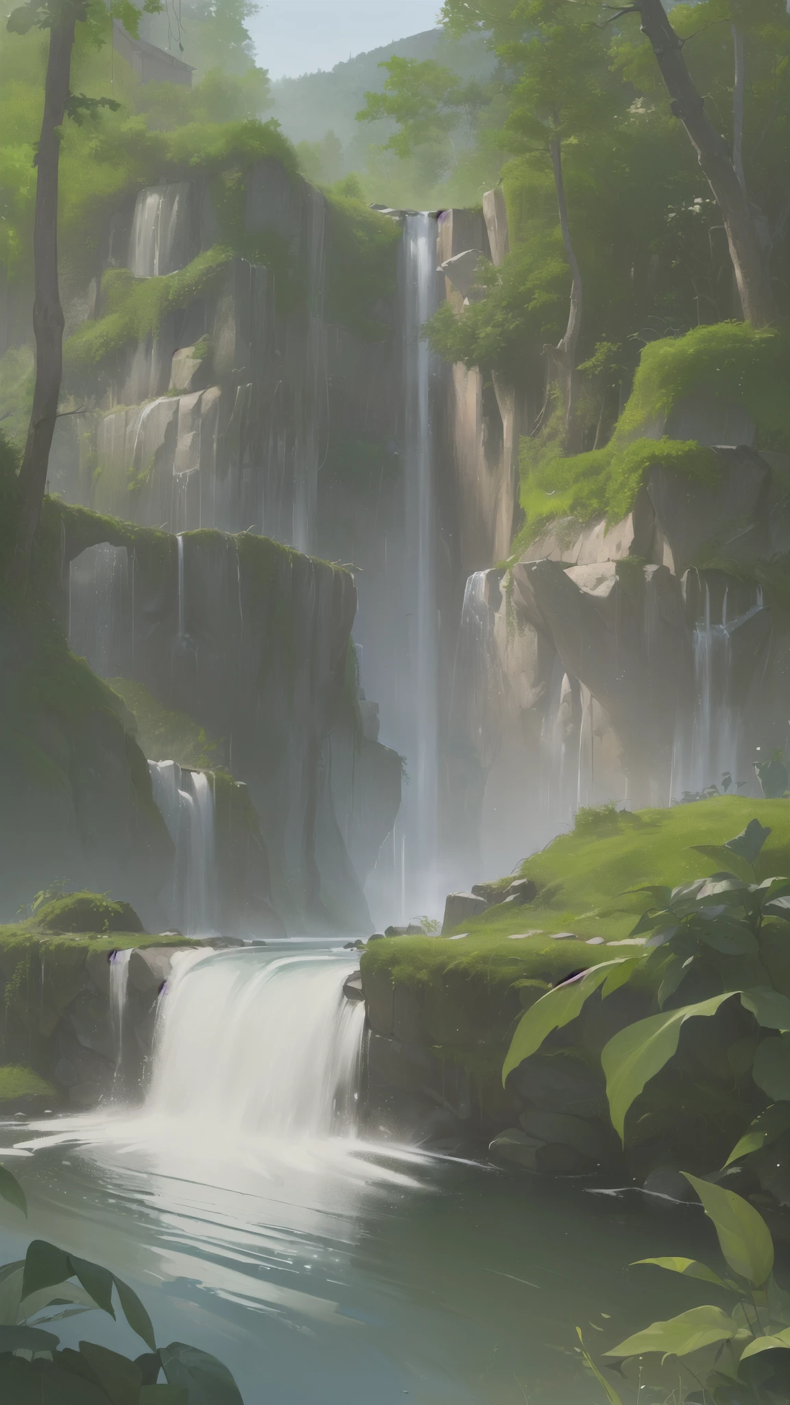 (masterpiece, best quality, high quality, highres:1.4), extremely detailed, ambient soft lighting, 4K,
outdoors, nature, forest, trees, grass, plants, flowers, river, caustics, water flow, ripples, (waterfall:1.2), pond, jungle, lush leaves, fern,
 