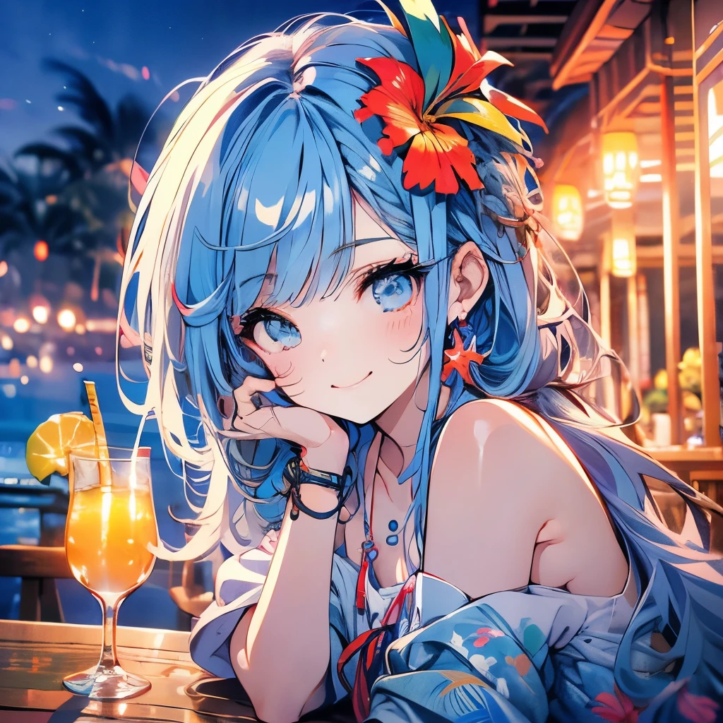 Masterpiece、Rainbow Hair、Delicate eyes、smile、Tied up hair、Beautiful hair ornament、Upper Body、(((Cheek resting on hand)))、Tropical Juice、night、Ocean、Palm tree