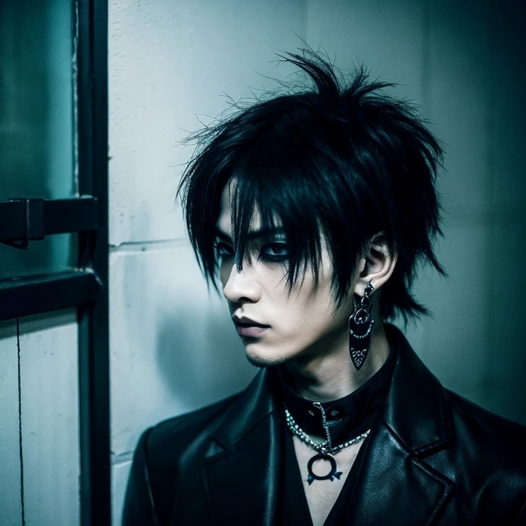 A cool, makeup-wearing man from a visual kei rock band stands in the dark with a sharp expression。