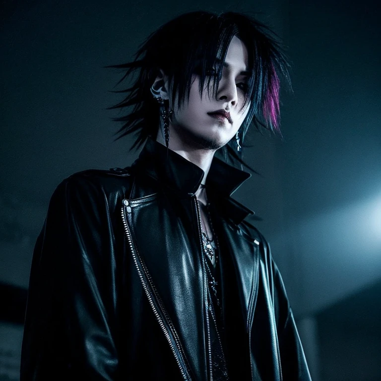 A cool, makeup-wearing man from a visual kei rock band stands in the dark with a sharp expression。