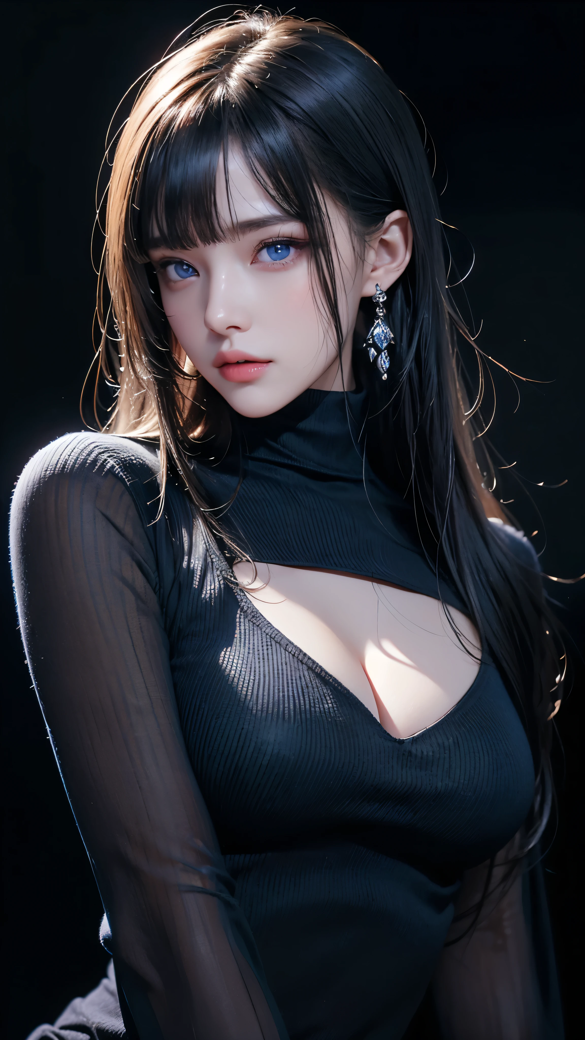 masterpiece, highest quality, Super detailed, Facing the camera, Super detailed, Realistic, Sharp features, Very detailed, Sharp focus, Perfect Face, Perfect Face, Perfect symmetrical perfect eyes, Perfect Plump Lips, Flexible female form, Cinematic, Film Light, Super detailed, hyper Realistic, masterpiece, Atmospheric, High resolution, Vibrant, Dynamic Studio Lighting, ((Dark Background)), The expression when enduring pleasure, Straight bangs, blue eyes,Black sweater, Cowboy Shot,turtleneck、first round、Sexually aroused expression、Accessories on the chest、Clothes with cuts