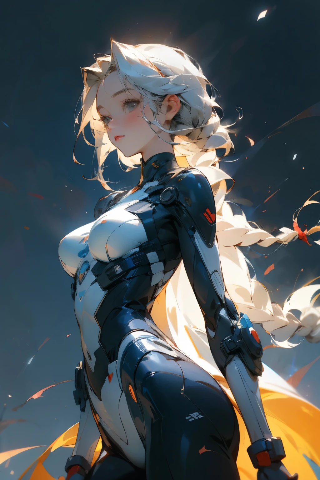 white braided hair and grey eyes tall girl, modern city setting, night time setting. in a body suit. Fancy background. Closer up. Looking forward.

