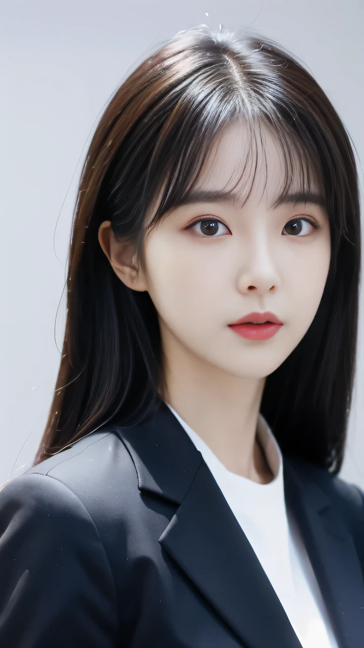 Realistic portrait of a 30-year-old Korean woman, Business style clothing, Full face, Solid color background