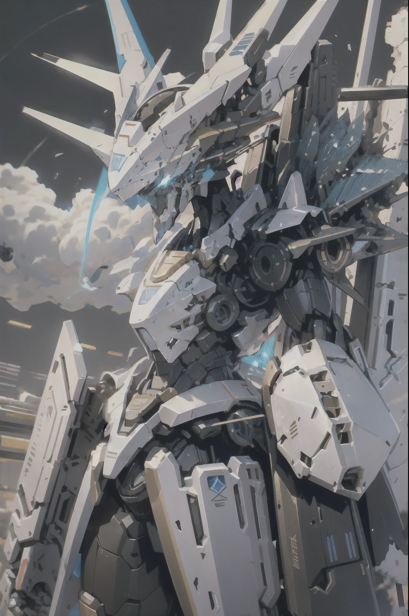 Masterpiece, best quality, Mecha, no human, Black Armor, blue eyes, science fiction, electricity, Canon laser beam, war, conflict, destroyed city background, Mecha Statue, made of stone,