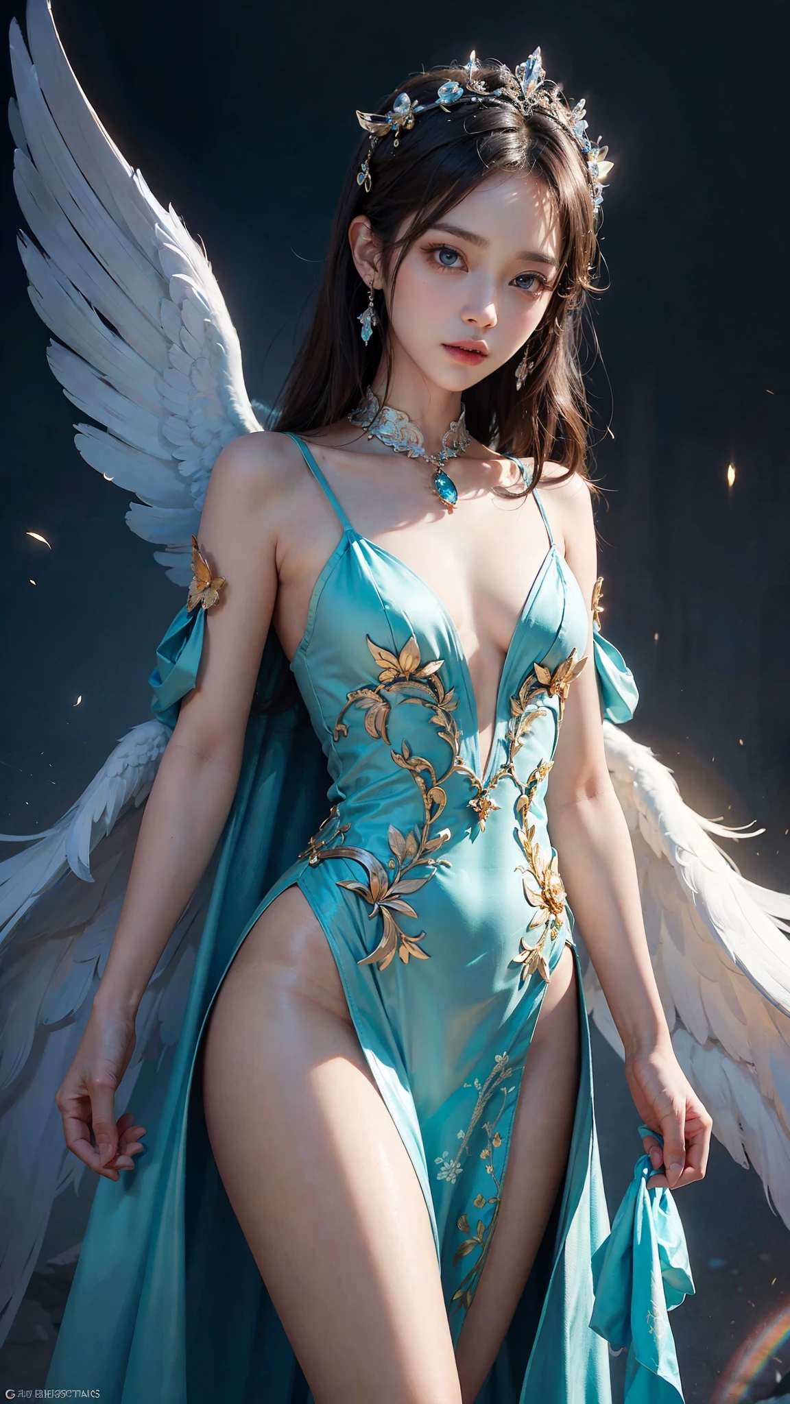 ((masterpiece)), ((best quality)), ((ultra-detailed)), ((an extremely delicate and beautiful)),cinematic light, Create a stunning fantasy artwork that mimics the style of currently trending masters of the genre. The art piece should contain elements of both mythic fantasy and fairytale fantasy with dreamy rainbow accents. ((Utilize the rainbow as the main color scheme.)) The character in the artwork is a delicate but strong figure with an aura of mystery and magic, Pay close attention to intricate facial features, such as mesmerizing eyes with vibrant colors and bold shading,The character's clothing should be designed with gossamer feathers, silk, stunning embroidery, dreamy colors, dynamic lighting,Consider the latest trends in fantasy art, such as incorporating unique lighting effects, exploring dynamic and compelling composition techniques, and experimenting with unique color palettes,no wings,not angel,Camera: Choose an angle that highlights the character's beauty and enhances the magical majesty of the artwork. Lighting: Utilize atmospheric lighting techniques to create depth and mood. Resolution: Aim for a high-resolution artwork to showcase intricate details and clarity. Art Inspirations: Seek inspiration from the trending artists on ArtStation, exploring different styles, genres, and themes.,The main girl is super beautiful,Are thin,Slim figure,Small Bust,Beautiful long and slender eyes,Korean Beautiful Girl,Genius Ballerina,Angel's messenger beautiful girl,Slim figure,The best ballerina expression,Eyes that stare intently at the other person,A transparent costume made of vinyl that reveals the flesh,Korean Beautiful Girl,The background is a sunrise or sunset on Earth,Beautiful Eyes,The belly button is exposed,Staring straight ahead,Eyes that look sincerely at the other person with love and enthusiasm,Nipples,beautiful girl,Dawn sunrise background,Crimson sunset sky background,Small and beautiful breasts,