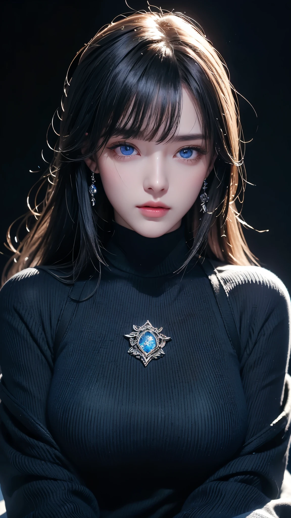 masterpiece, highest quality, Super detailed, Facing the camera, 複雑に詳細なSuper detailed, Realistic, Sharp features, Very detailed, Sharp focus, Perfect Face, Perfect Face, Perfect symmetrical perfect eyes, Perfect Plump Lips, Flexible female form, Cinematic, Film Light, Super detailed, hyper Realistic, masterpiece, Atmospheric, High resolution, Vibrant, Dynamic Studio Lighting, ((Dark Background)), The expression when enduring pleasure, Straight bangs, blue eyes,Black sweater, Cowboy Shot,turtleneck、first round、Sexually aroused expression、Accessories on the chest、Clothes with cuts