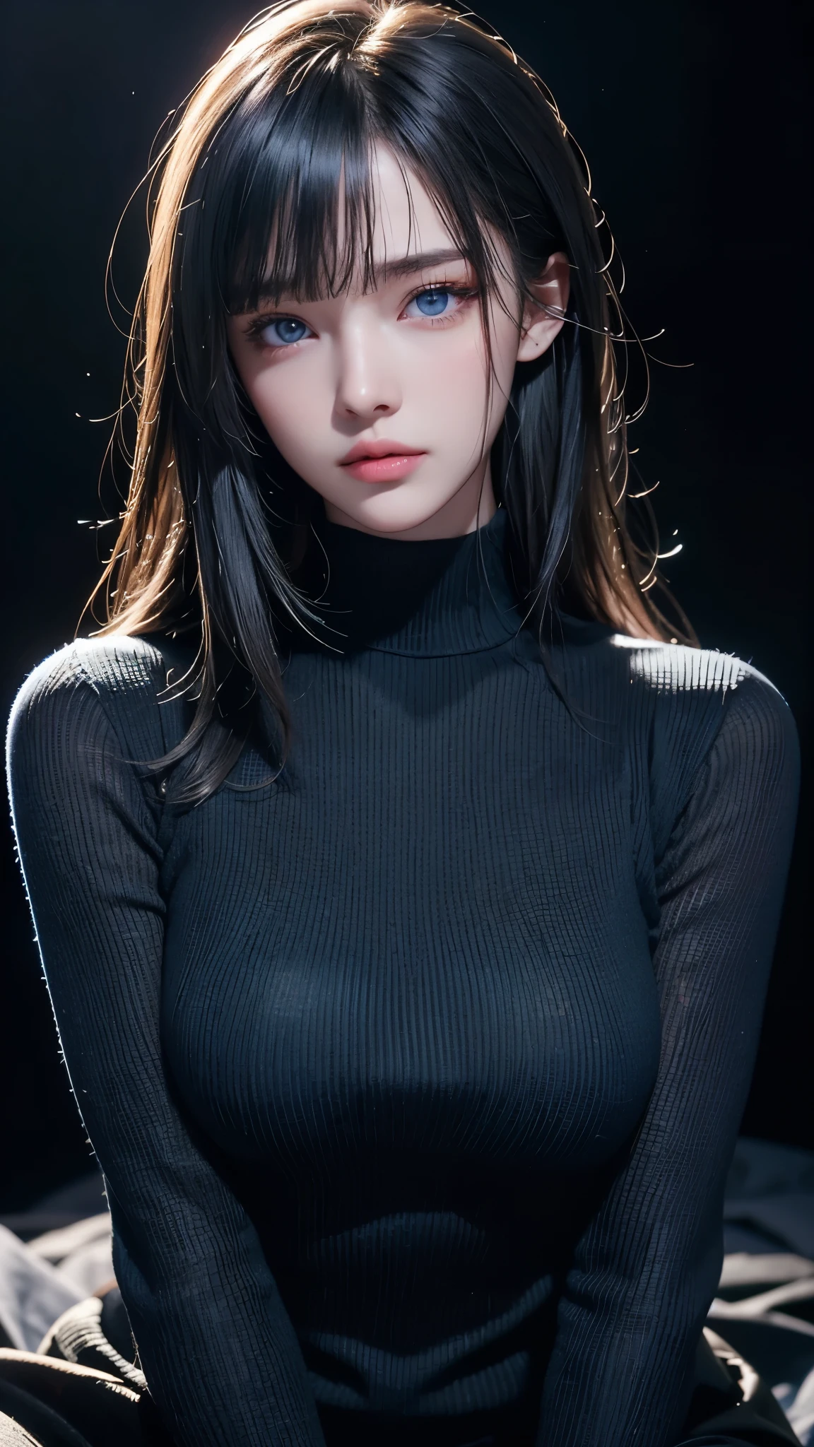 masterpiece, highest quality, Super detailed, Facing the camera, 複雑に詳細なSuper detailed, Realistic, Sharp features, Very detailed, Sharp focus, Perfect Face, Perfect Face, Perfect symmetrical perfect eyes, Perfect Plump Lips, Flexible female form, Cinematic, Film Light, Super detailed, hyper Realistic, masterpiece, Atmospheric, High resolution, Vibrant, Dynamic Studio Lighting, ((Dark Background)), The expression when enduring pleasure, Straight bangs, blue eyes,Black sweater, Cowboy Shot,turtleneck、first round、Sexually aroused expression、Accessories on the chest、Clothes with cuts
