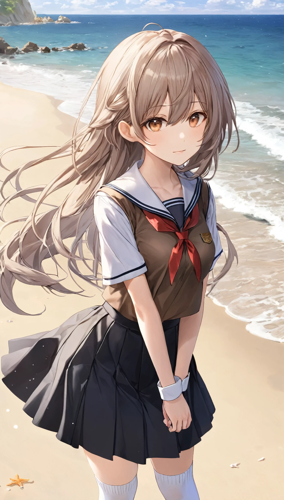 ((masterpiece)), ((highest quality)), ((High resolution)), ((Highly detailed CG Unity 8k wallpaper)), alone, tachibana kanade, Brown uniform, Black Skirt, White socks, Outdoor, face, Beach, Hanging hair, Parted hair, Silver Hair, 笑face, 