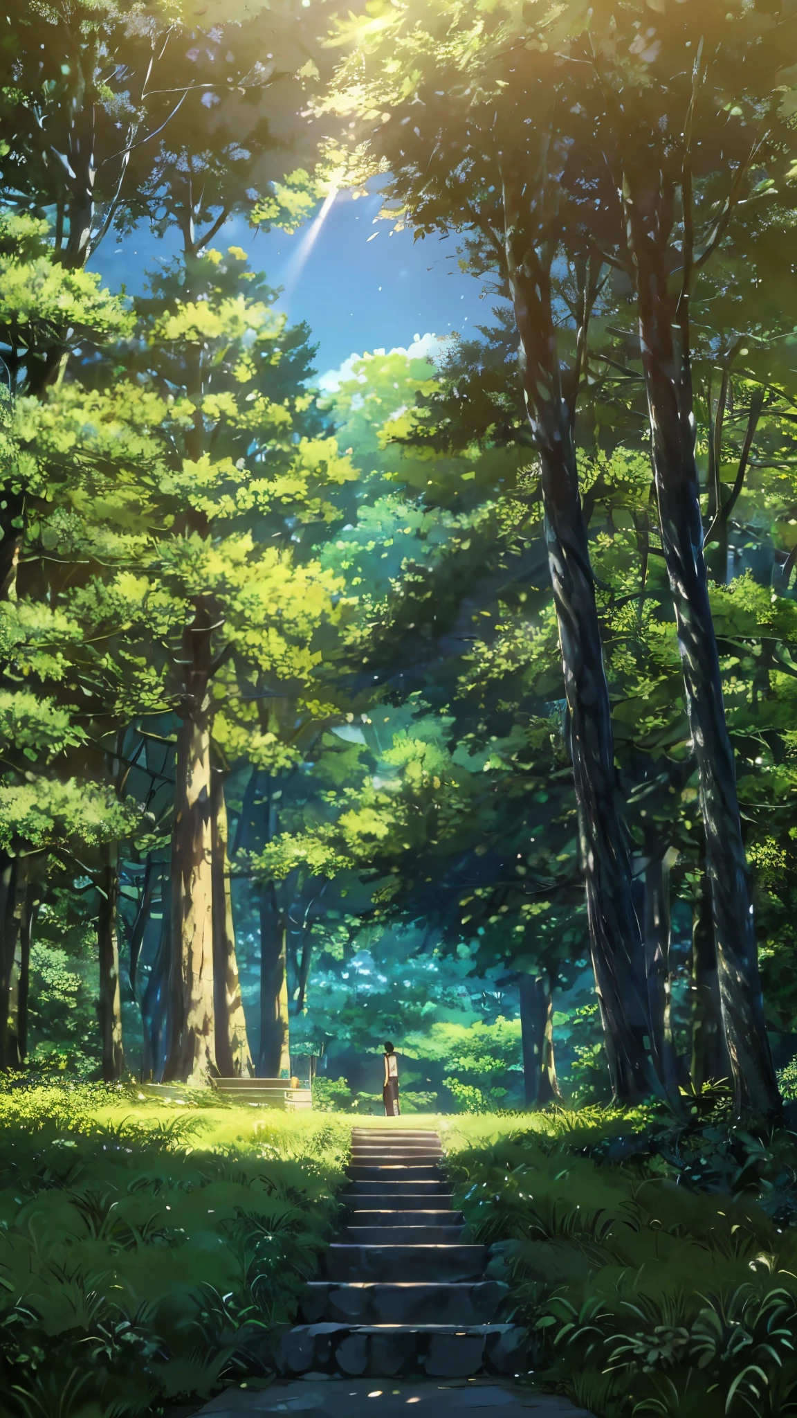 "Create a serene anime-style scene featuring a young person sitting cross-legged on a grassy hill, surrounded by a dense, vibrant forest. The scene is set on a clear, sunny day, with the bright blue sky dotted with large, fluffy white clouds. Sunlight filters through the lush green leaves of the towering trees, casting dappled shadows on the ground. The young person, dressed in casual clothes, sits with their back to the viewer, gazing out over a tranquil valley filled with rolling hills and distant mountains. The overall atmosphere should evoke a sense of peace, introspection, and connection with nature."