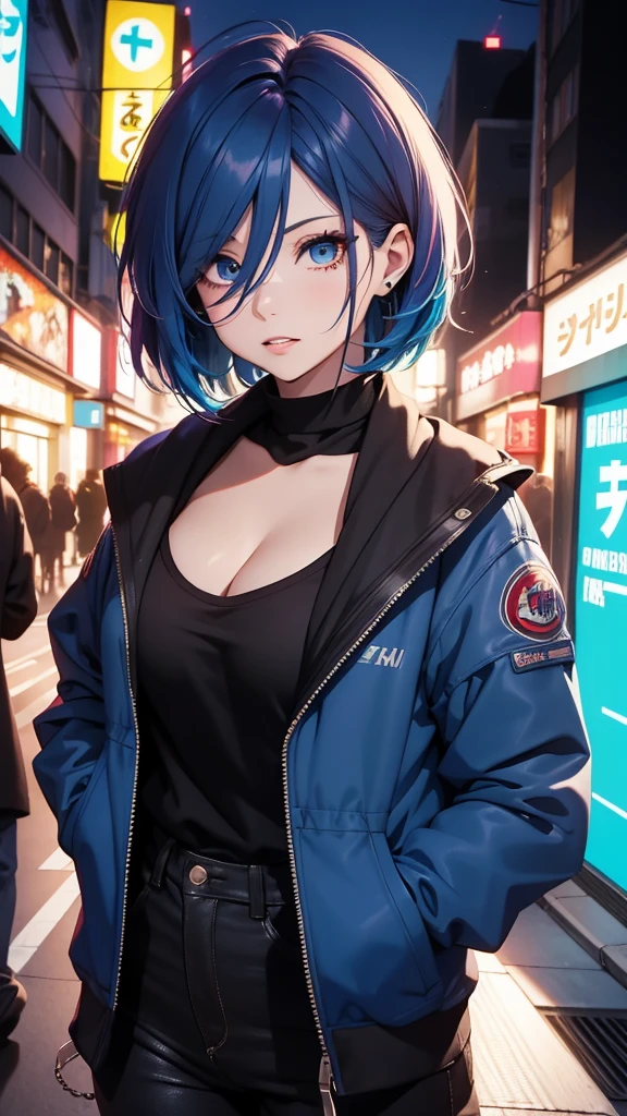 Obra-prima,Detalhado,High resolutions:1.4) , Foto del modelo, fechar, Rosto detalhado, Olhos finos e detalhados,, (Kirishima Touka),medium blue hair,ojo ghoul,retro jacket,Tokyo Ghoul,Fundo retrofuturista, cores vibrantes, hdr,, ,