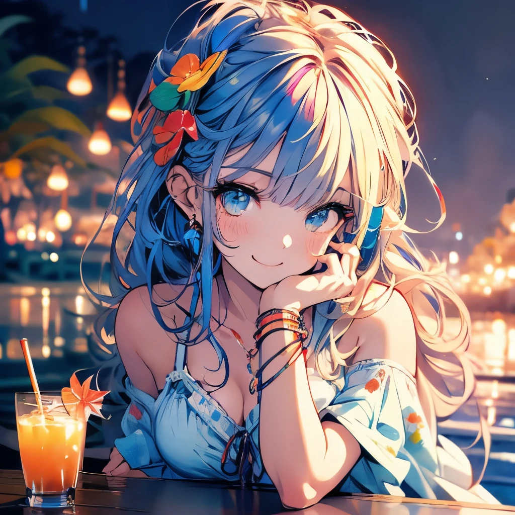 Masterpiece、Rainbow Hair、Delicate eyes、smile、Tied up hair、Beautiful hair ornament、Upper Body、(((Cheek resting on hand)))、Tropical Juice、night、Ocean、Palm tree