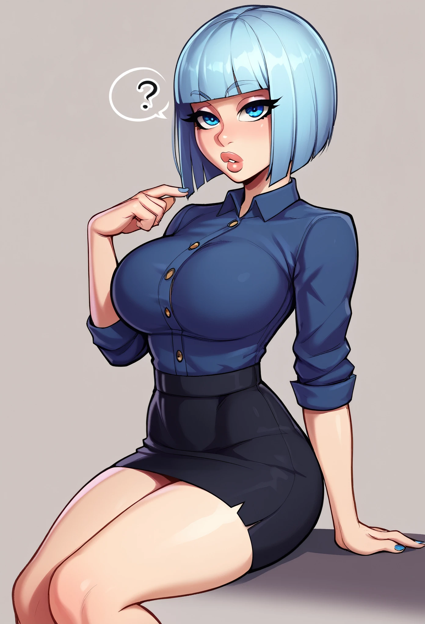 score_9, score_8_up, score_7_up, score_6_up, score_5_up, score_4_up, BREAK 1girl, light blue hair, long bob cut hair, blue eyes, thick lips, long eyelashes, confused expression, sitting in a chair, blunt bangs, adult, BREAK solo, large breasts, adult, skinny, arched back, thigh gap, wearing office outfit, BREAK (office background:1.2), simple background, innocent, lovely, adorable, dynamic pose
