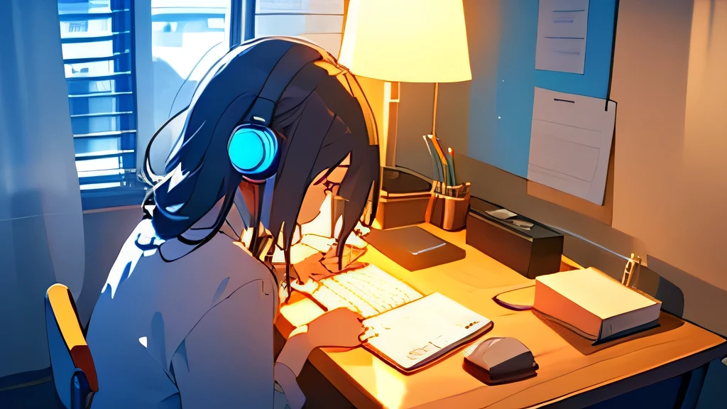 Night in a room with mood lighting、Put on your headset、Sit in a chair in front of the desk.、Girl studying on a computer,