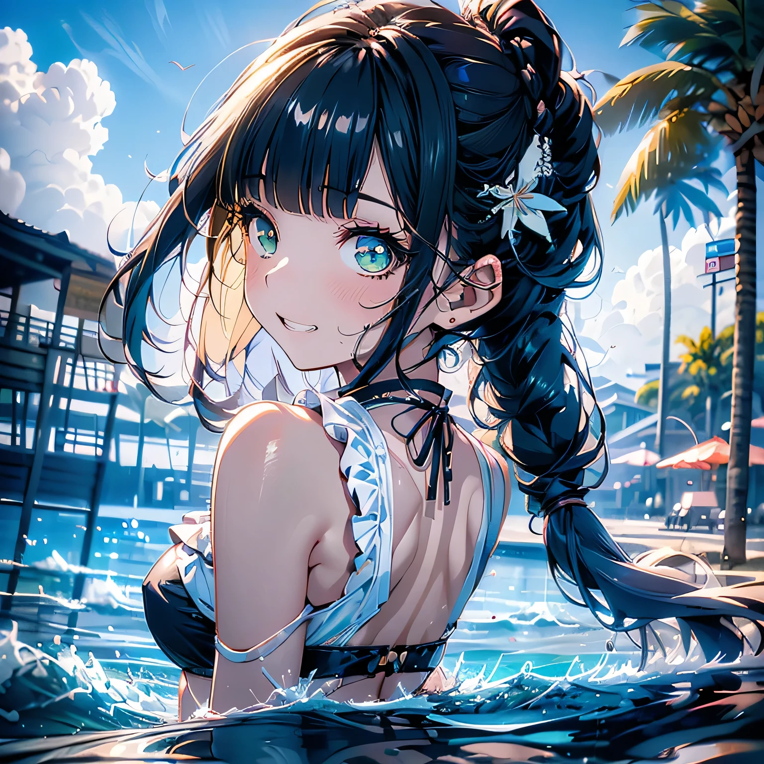 (looking back at the viewer),((panty shot)),((lifting skirt)),((white panties focus)),Looking back,(low angle,from below),((masterpiece, highest resolution,best quality)), (beautiful illustration), ((semi long beautiful black hair,blunt bangs,pony tail,beautiful green eyes)),(solo),(Japanese high ,sailor,mini skirt,elegant swimsuit, bikini,mini skirt),(looking back at the viewer), (bathing in the sea),(innocent cute laugh,teeth), (cinematic lighting),beach, sand, blue sky,waves, coconut tree,fish,boat,sea gull,