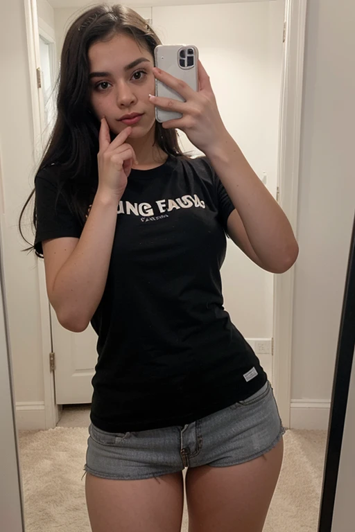A thin -yeld hischool girl with big breasts and a big ass and a long, wide t-shirt taking a photo of herself in front of the mirror. Long black hair and strong jawline. Brown eyes.