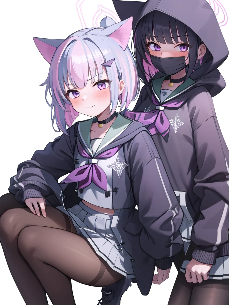 Masterpiece,hd, 2d best quality, 2girl, reisa_blue archive, indoor, standing, looking at viewer,  smile, reisaid, twintails, purple eyes, hair ornament, halo, neckerchief, open jacket, gray sailor collar, kazusa_blue archive, animal_ears, black_hair, multicolored_hair, short_hair, bangs, colored_inner_hair, pink_hair, halo, cat_ears, two-tone_hair, hair_ornament, blush, hairclip, red_eyes, pink_eyes, black_choker, black_jacket, choker, hood, hooded_jacket, jacket, long_sleeves, neckerchief, pantyhose, pink_neckerchief, pleated_skirt, sailor_collar, simple_background, skirt, white_skirt, hood_down, miniskirt, white_background, brown_pantyhose, black_pantyhose, closed_mouth, standing, 2girl