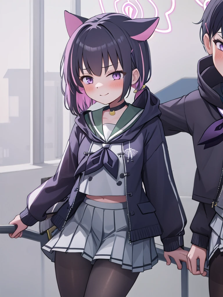 Masterpiece,hd, 2d best quality, 2girl, reisa_blue archive, indoor, standing, looking at viewer,  smile, reisaid, twintails, purple eyes, hair ornament, halo, neckerchief, open jacket, gray sailor collar, kazusa_blue archive, animal_ears, black_hair, multicolored_hair, short_hair, bangs, colored_inner_hair, pink_hair, halo, cat_ears, two-tone_hair, hair_ornament, blush, hairclip, red_eyes, pink_eyes, black_choker, black_jacket, choker, hood, hooded_jacket, jacket, long_sleeves, neckerchief, pantyhose, pink_neckerchief, pleated_skirt, sailor_collar, simple_background, skirt, white_skirt, hood_down, miniskirt, white_background, brown_pantyhose, black_pantyhose, closed_mouth, standing, 2girl