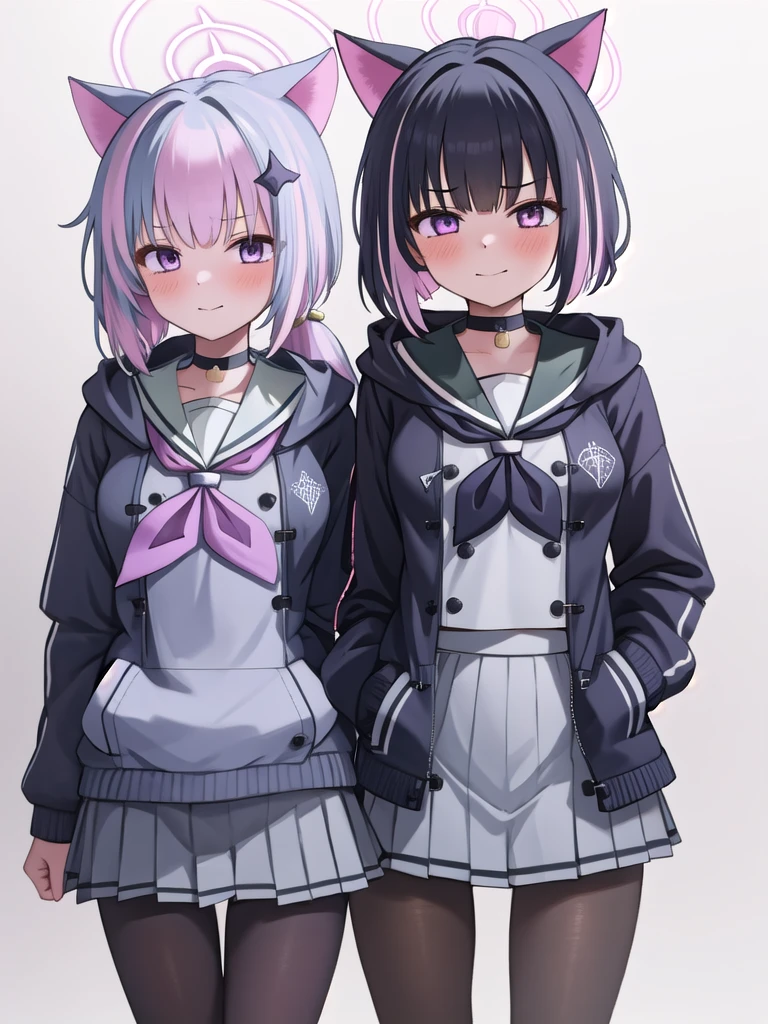 Masterpiece,hd, 2d best quality, 2girl, reisa_blue archive, indoor, standing, looking at viewer,  smile, reisaid, twintails, purple eyes, hair ornament, halo, neckerchief, open jacket, gray sailor collar, kazusa_blue archive, animal_ears, black_hair, multicolored_hair, short_hair, bangs, colored_inner_hair, pink_hair, halo, cat_ears, two-tone_hair, hair_ornament, blush, hairclip, red_eyes, pink_eyes, black_choker, black_jacket, choker, hood, hooded_jacket, jacket, long_sleeves, neckerchief, pantyhose, pink_neckerchief, pleated_skirt, sailor_collar, simple_background, skirt, white_skirt, hood_down, miniskirt, white_background, brown_pantyhose, black_pantyhose, closed_mouth, standing, 2girl