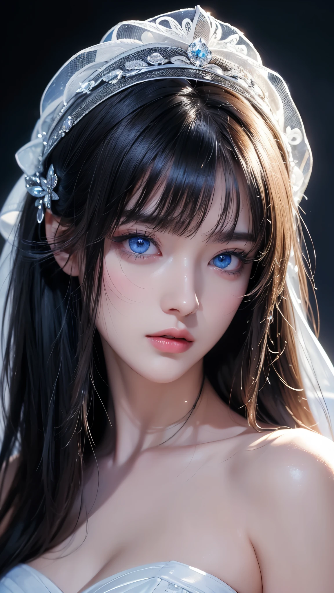 masterpiece, highest quality, Super detailed, Facing the camera, 複雑に詳細なSuper detailed, Realistic, Sharp features, Very detailed, Sharp focus, Perfect Face, Perfect Face, Perfect symmetrical perfect eyes, Perfect Plump Lips, Flexible female form, Cinematic, Film Light, Super detailed, hyper Realistic, masterpiece, Atmospheric, High resolution, Vibrant, Dynamic Studio Lighting, ((Dark Background)), The expression when enduring pleasure, Straight bangs, blue eyes,Cowboy Shot,Sexually aroused expression、White Wedding Dress