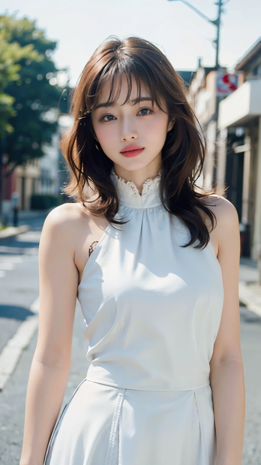 a woman posing on the street corner with light オレンジ色のドレス on, highest quality, High resolution, 8k, 1people girl, (Neat bangs:1.5), Day, bright, Outdoor, (street:0.8), (people々, crowd:1), (lace trim dress:1.5, brightWhite clothes:1.5, white high neck dress:1.5, Sleeveless dress), nice, (Medium Hair), Beautifully detailed skies, Beautiful earrings, (Dynamic pose:0.8), (Upper Body:1.2), Soft lighting, Wind, Shiny skin, View Viewer, ((Firm and well-shaped chest)), ((Both arms are behind the head)),