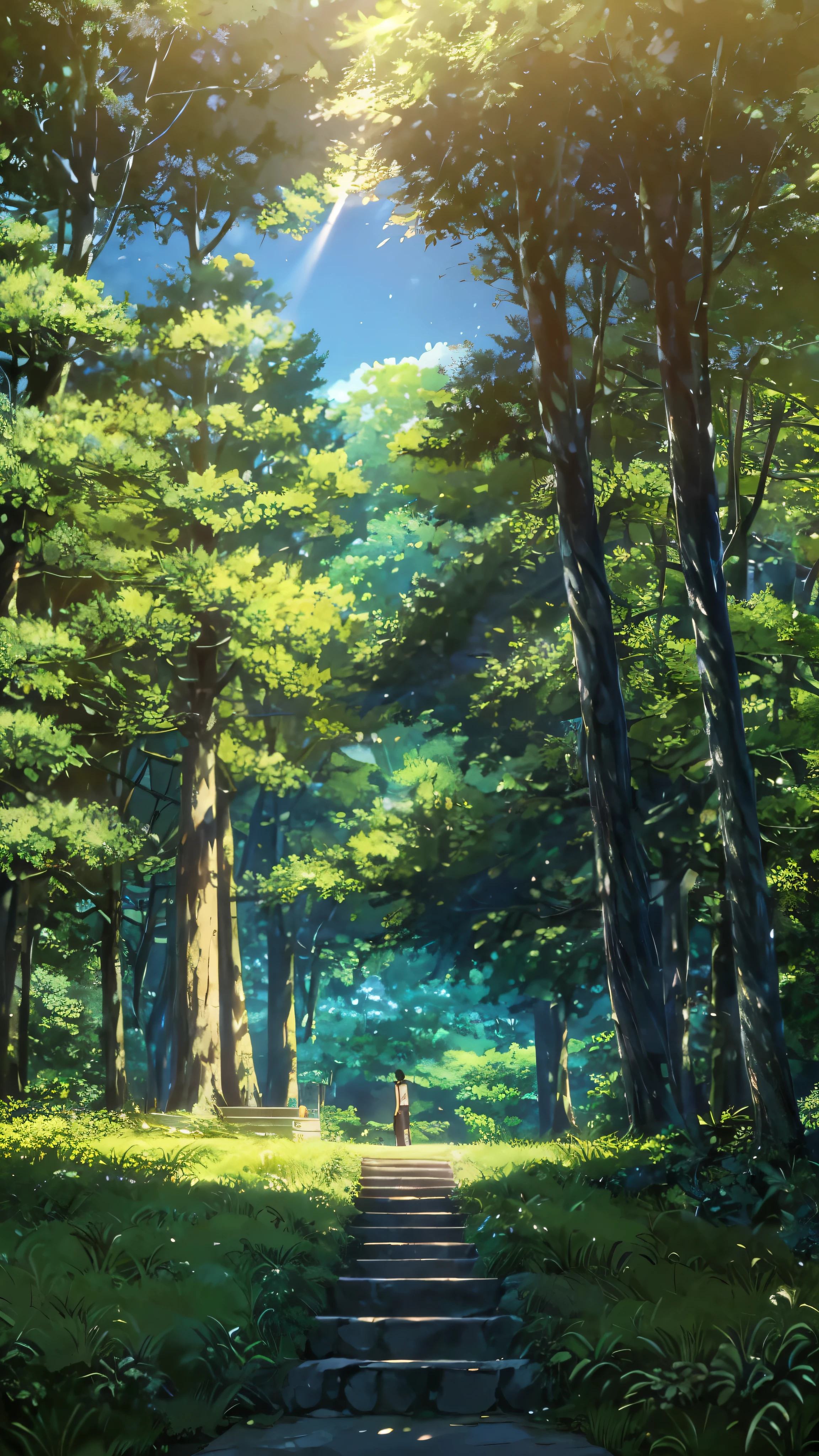 "Create a serene anime-style scene featuring a young person sitting cross-legged on a grassy hill, surrounded by a dense, vibrant forest. The scene is set on a clear, sunny day, with the bright blue sky dotted with large, fluffy white clouds. Sunlight filters through the lush green leaves of the towering trees, casting dappled shadows on the ground. The young person, dressed in casual clothes, sits with their back to the viewer, gazing out over a tranquil valley filled with rolling hills and distant mountains. The overall atmosphere should evoke a sense of peace, introspection, and connection with nature."
