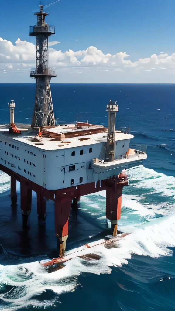 A small oil platforms in the ocean which are abandoned