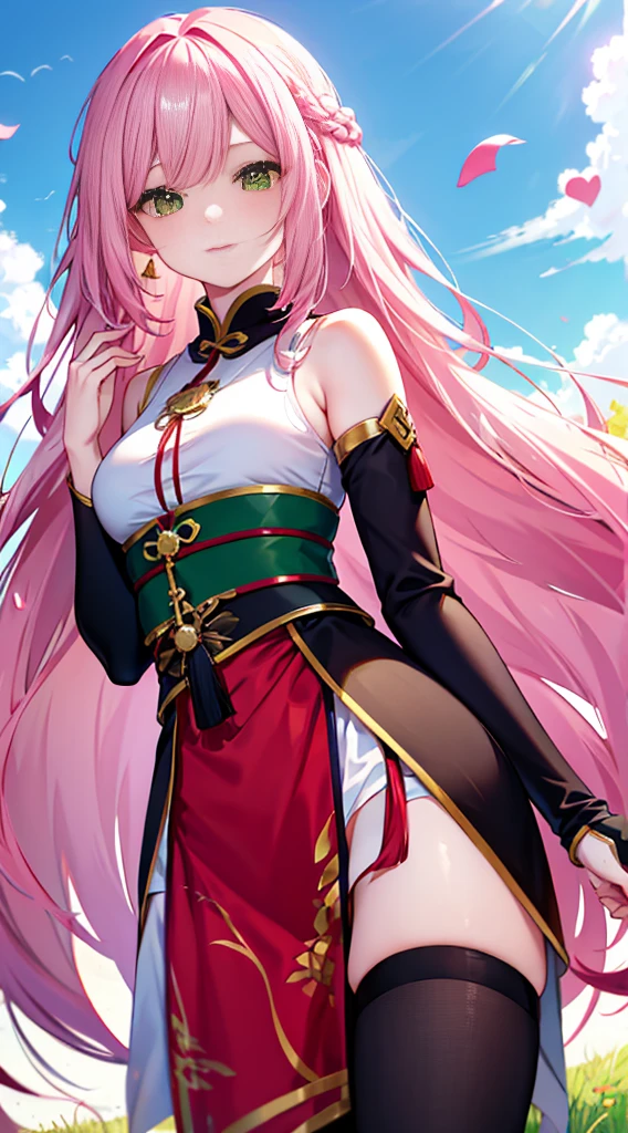 pink hair，green eyes，long hair，prairie background，red hanfu，，beautiful woman，，medium breasts，Wang Zhaojun《romance of three kingdo》medium breasts，