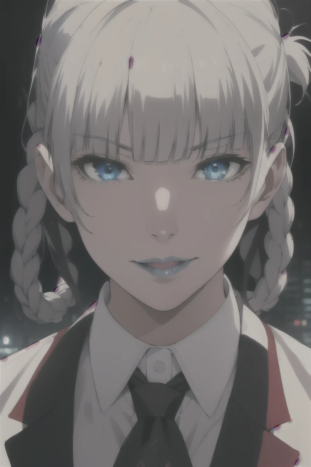 Kakegurui, highres, highest quallity, illustration,  ultra detailed, (detailed face), (detailed eyes), cinematic lighting, best quality, hyper detailed, masterpiece,1girl, solo, silver hair, blue lips, bare neck, white shirt, tie, black coat, black trousers, luminous eyes, medium breasts, light rays, (colorful), from above, looking at viewer, smile, city, busy city, people, street
