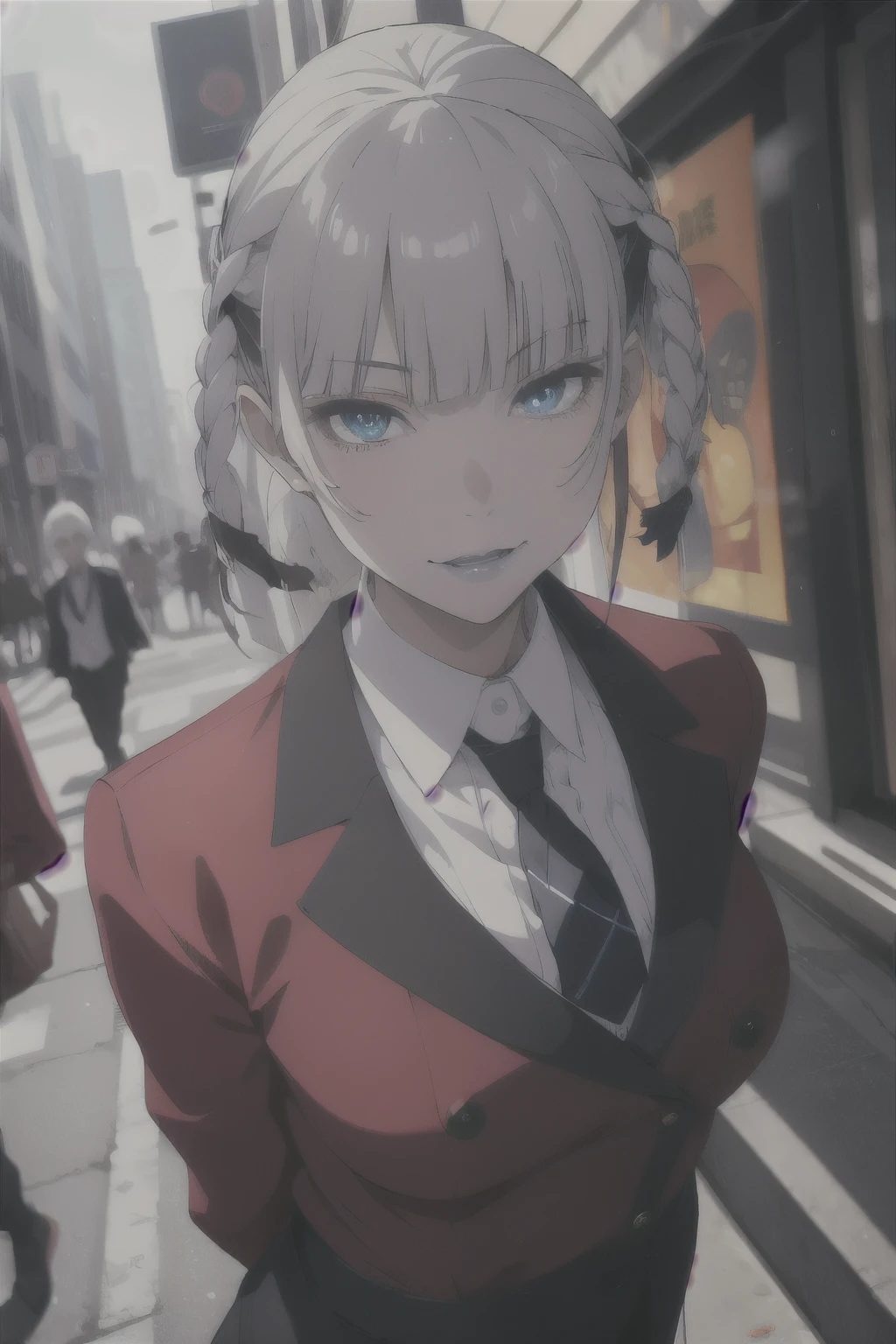 Kakegurui, highres, highest quallity, illustration, ultra detailed, (detailed face), (detailed eyes), cinematic lighting, best quality, hyper detailed, masterpiece,1girl, solo, silver hair, blue lips, bare neck, white shirt, tie, black coat, black trousers, luminous eyes, medium breasts, light rays, (colorful), from above, looking at viewer, smile, city, busy city, people, street