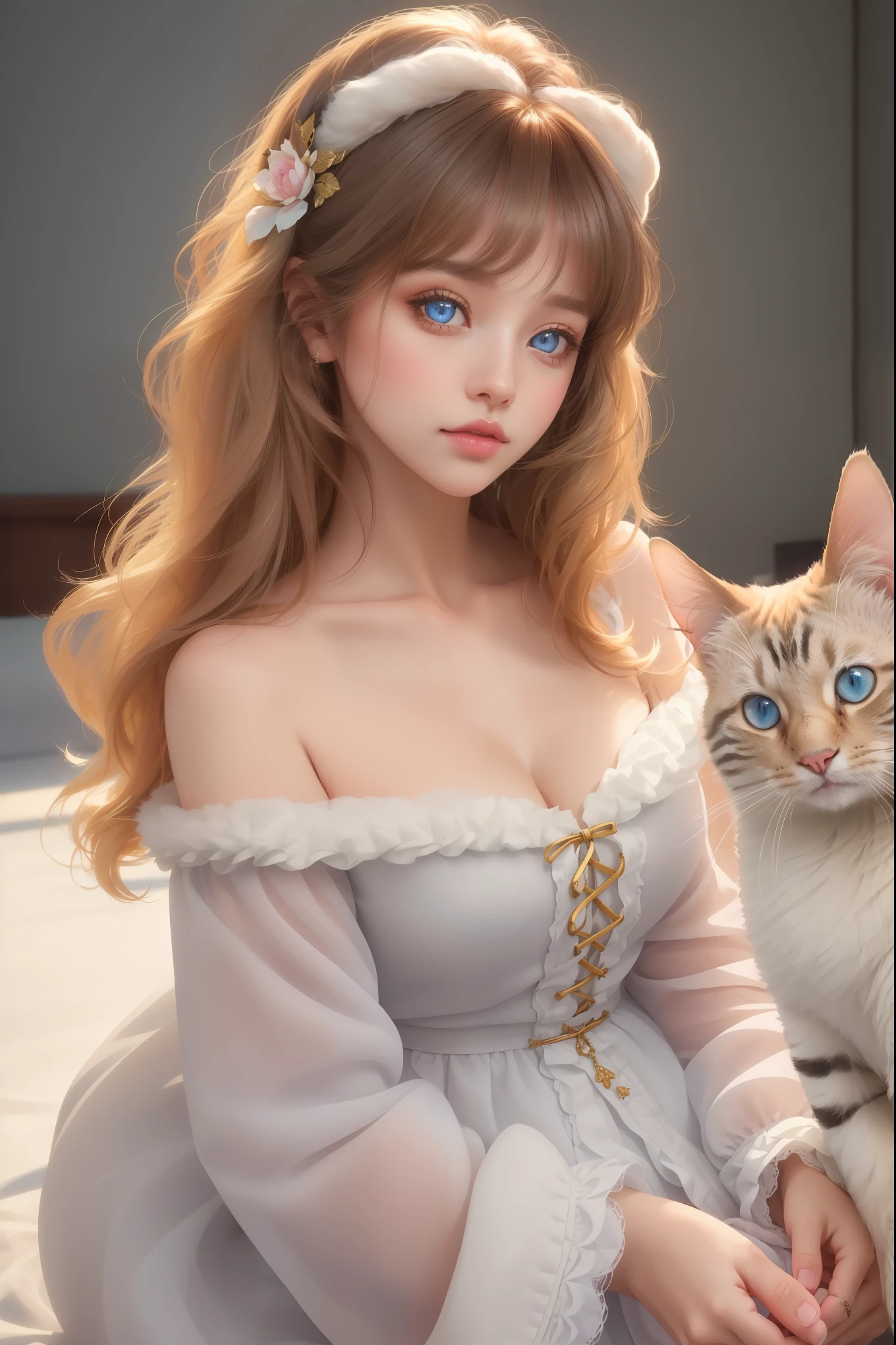 A girl with a pet cat,beautiful detailed eyes,beautiful detailed lips,soft fluffy fur,cozy atmosphere,cute interactions,sketchy style,(best quality,4k,8k,highres,masterpiece:1.2),ultra-detailed,realistic,HDR,studio lighting,professional,vivid colors,soft pastel colors,warm lighting