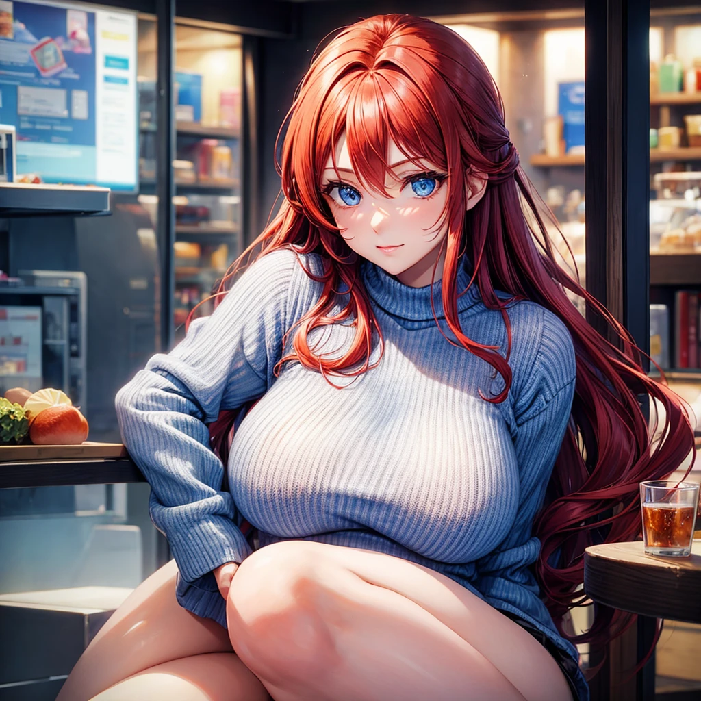 Woman, big breasts, redhead, blue eyes, transparent sweater, small chin