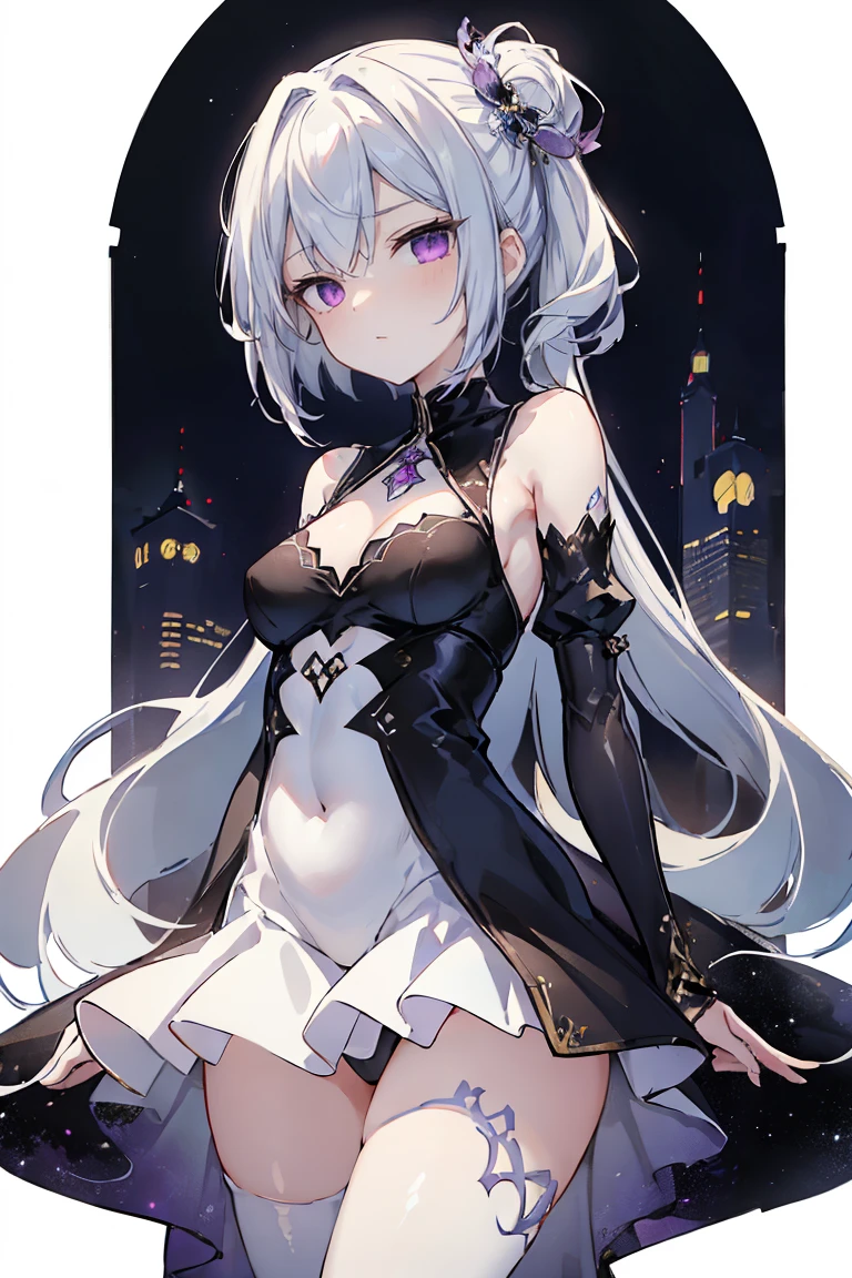 1girl, anime, cute girl, blank background, white background, fantasy, detailed fantasy dress with highlights, beautiful face, beautiful eyes, dark colors, black hair with multicolor streaks, red eye with different color pupil in eye, multicolor eye, medium breasts, slight cleavage, beautiful skin, cute, breast curtains, extremely delicate and beautiful, (beautiful detailed face:1.0), (detailed deep eyes), symmetrical breasts, deep eyes, shiny skin, portrait, slender waist, hips wider than shoulders, thighs, expressionless, young girl, luminous eyes, adorable,(Kpop idol),(aegyo sal:1),(Platinum blonde hair:1),((puffy eye)),Black panty,sexy posture,Superskirt, Ultra-high resolution,Black collar,slim figure, Abdominal y tattoo, womb tattoo,Tight-fitting leg ring,y tattoo on half-body,Bare skin, Armored hand,Hidden fingertips,Hand covered,Arm covered,Fist covered,{{beautiful detailed fingers}}, tufts of hair, moderate beautiful breast:1.0,(masterpiece:1.2), best quality, high-res, HDR, perfect face, intricate armor, delicate blue filigree, intricate filigree, red metalic parts, detailed part, dynamic pose, dynamic lights, cute face, neutral expression, shuimobysim, lotus, hanfu, maxi skirt, dress conservatively 1girl, solo, long blue hair, standing, One lady,14years,((White hair) ,(Shiny purple bodysuit with microskirt),((Fantasy, Moon Night))
