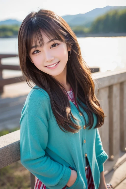 Produce the highest quality and highest resolution 8K images。The model is a 20-year-old Japanese woman.。The image depicts her posing and smiling for the camera.。She has brown eyes and a model figure.、She has an idol-level cute face.。The hair is wavy。Skin has a healthy color。Clothes、6Dressed for the month。