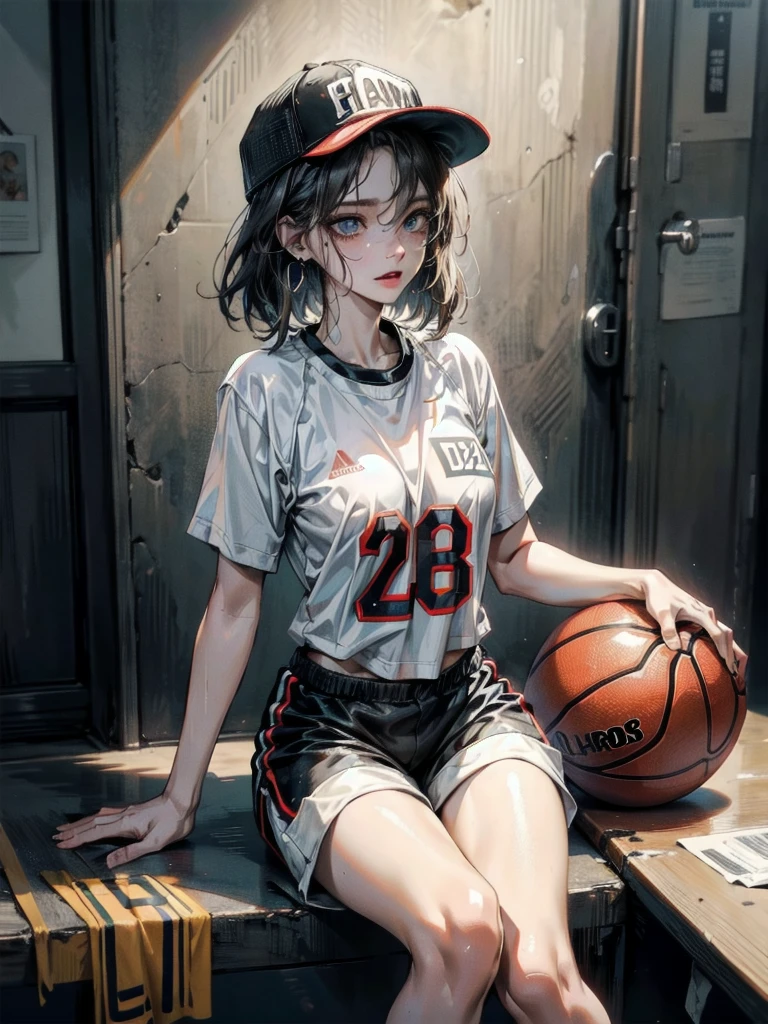 whole body, Basketball shirt, baseball cap, Hot Pants, absurdres, RAW photo, extremely delicate and beautiful, masterpiece, Best Quality, ultra high resolution, 32k, hyperrealistic, ultra-detailed, perfect figure, perfect shape, detailed description, pale skin, 20 years old, detailed beautiful face and eyes, tearful mole, earring, short medium hair, wavy hair,