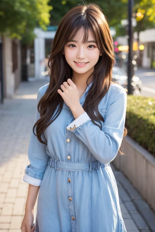 Produce the highest quality and highest resolution 8K images。The model is a 20-year-old Japanese woman.。The image depicts her posing and smiling for the camera.。She has brown eyes and a model figure.、She has an idol-level cute face.。The hair is wavy。Skin has a healthy color。Clothes、6Dressed for the month。