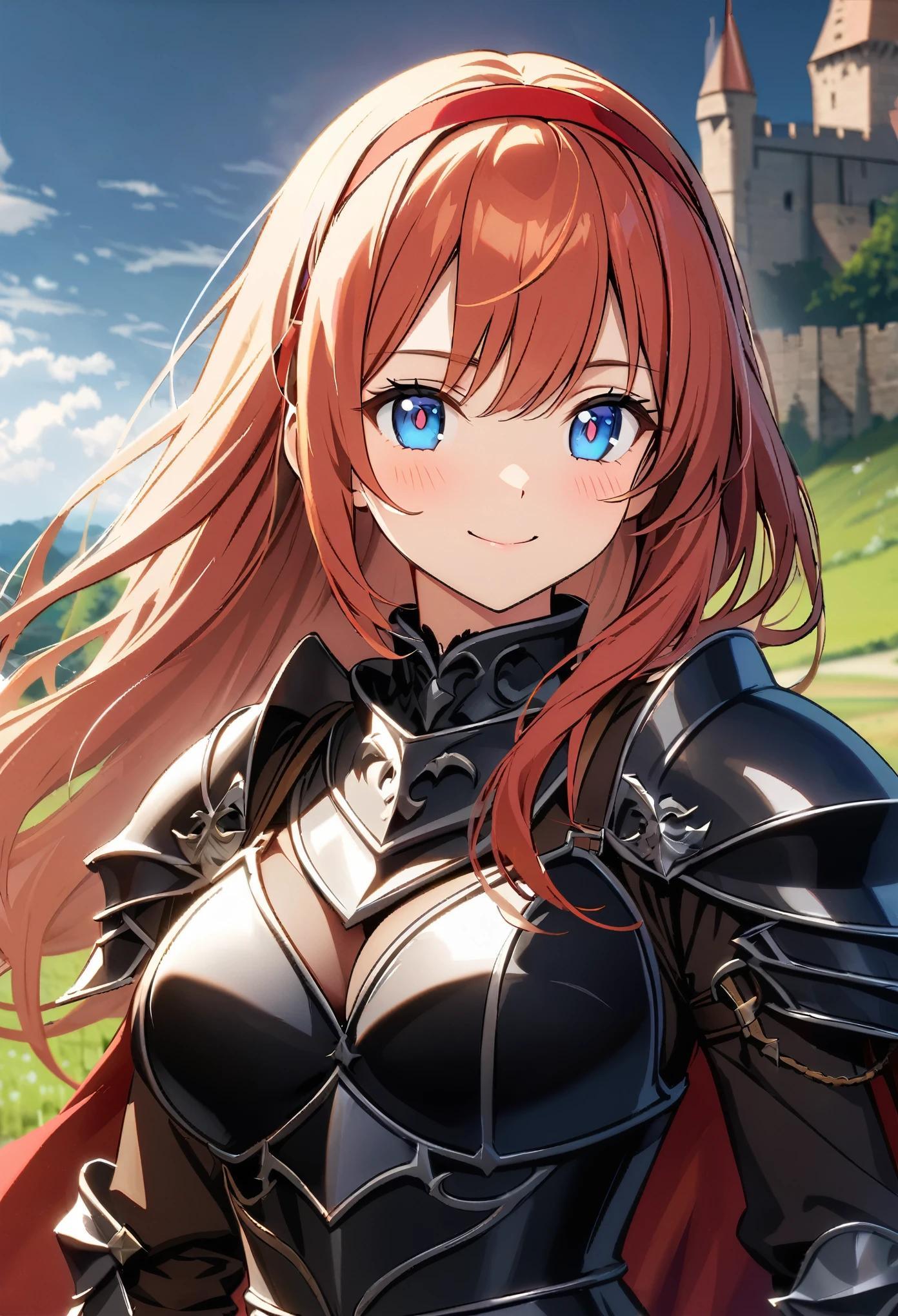 medium view,Top animation quality,HD,Detailed wallpaper,masterpiece,best quality,Anime Girl,(Fine golden long hair),side fringe,Clear blue pupils,Smile,Perfect female body,big breast,solo,portrait,(Upper Body),(Wearing a red cape and black European knight armor,Red hair band),(cygames),Fine garment materials,cloudy day,Background with medieval castle and fields,Background blur,8k,cinema feeling