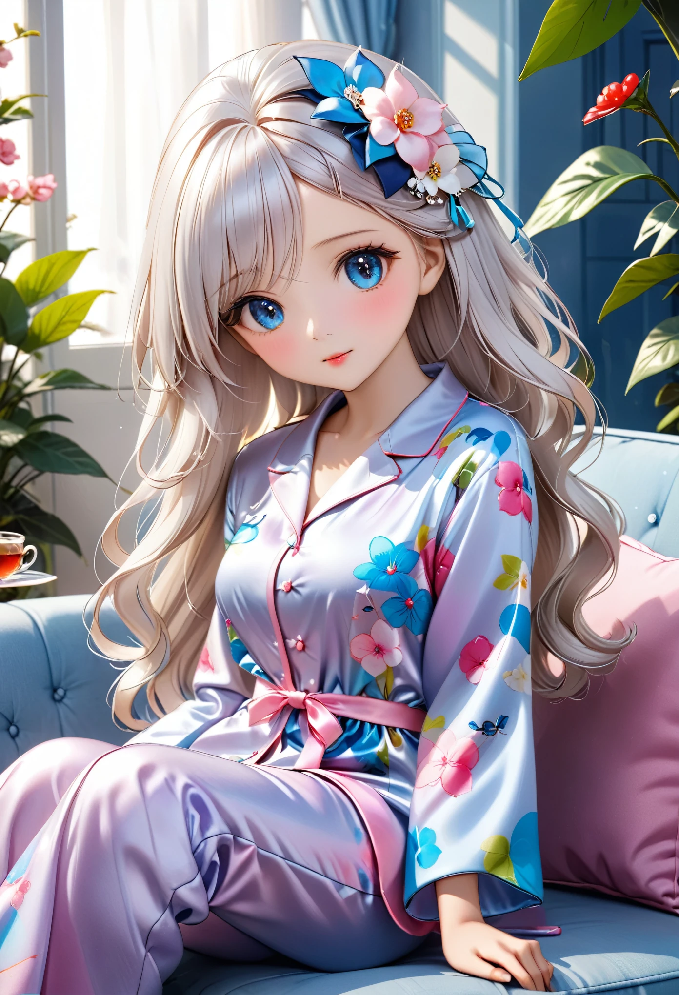 (masterpiece, best quality: 1.2),Barbie doll, ，Exquisite eyes,， （（Silk Pajamas））Sitting on the sofa（8K）（HD）