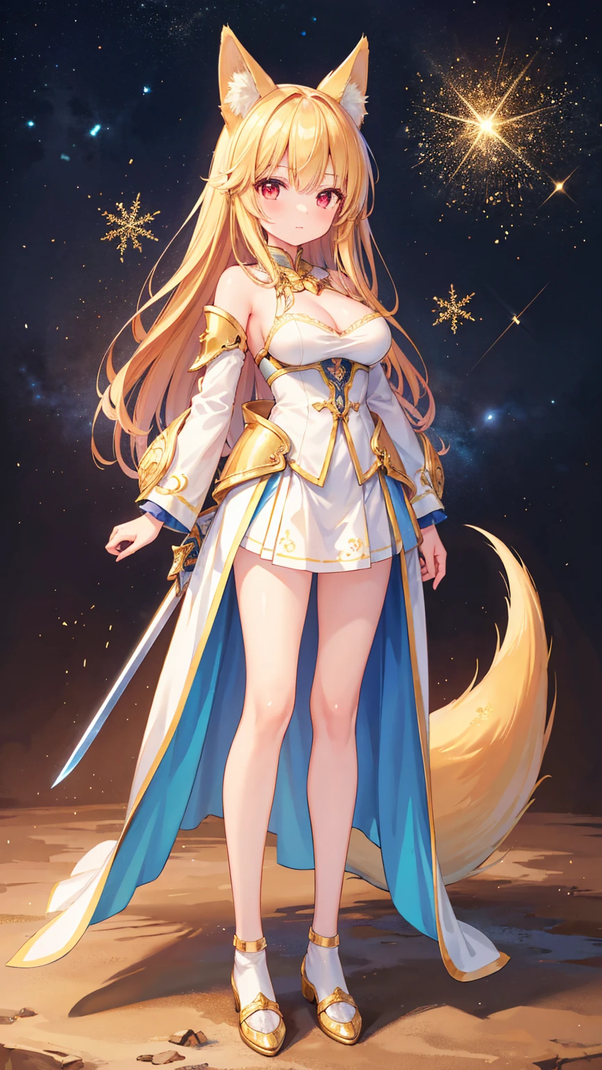 (masterpiece)、(highest quality)、((Very detailed))、(Very delicate)、cute、blonde、Big Breasts、Nice、Fantastic forest and starry sky、Golden foxtail、Golden fox ears、Red eyes、one person、Long Hair、(Full body portrait),(Are standing:1.3)、Absolute area、cute鎧服、(Full body golden metal armor)、cute笑顔、He has a big sword in his right hand、Very delicateな光, finely detailed eyes and Detailed face, Detailed light, (Best Shadow), Beautiful details, (Detailed body), Detailed face, (colorful), Beautiful detailsまでこだわった髪, Detailed Background:1.3, Fantasy, (Particles of light)、cute笑顔