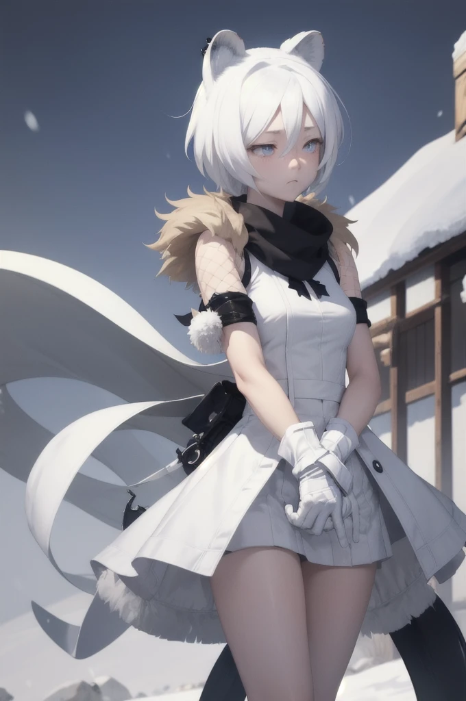 masterpiece, best quality, arkShirayuki, animal ears, tail, white shirt, short sleeves, fur trim, white gloves, upper body, looking away, avoiding eye contact, winter, snow, frustrated