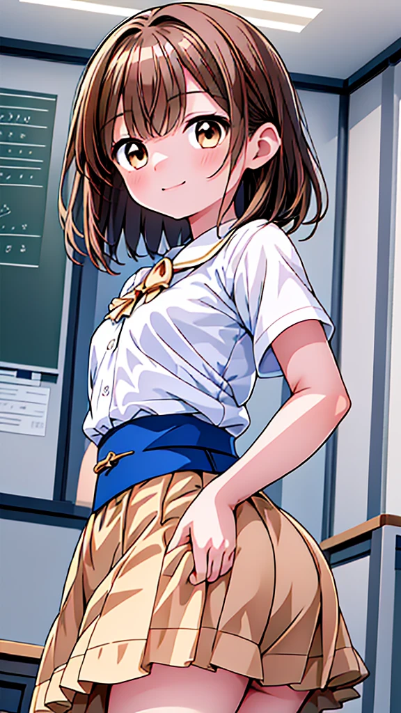 highest quality, masterpiece, High resolution, 8k, Anime style woman、Shiny blue shirt and skirt, one person, Detailed line drawing, Bright white and bright amber style, Digital Enhancement, Anime Core, Flowing fabric, close, ((Short brown hair)), Beautiful brown hair, (Clear brown eyes), Slightly chubby,Small breasts,The butt is small, smile, Looking up angle