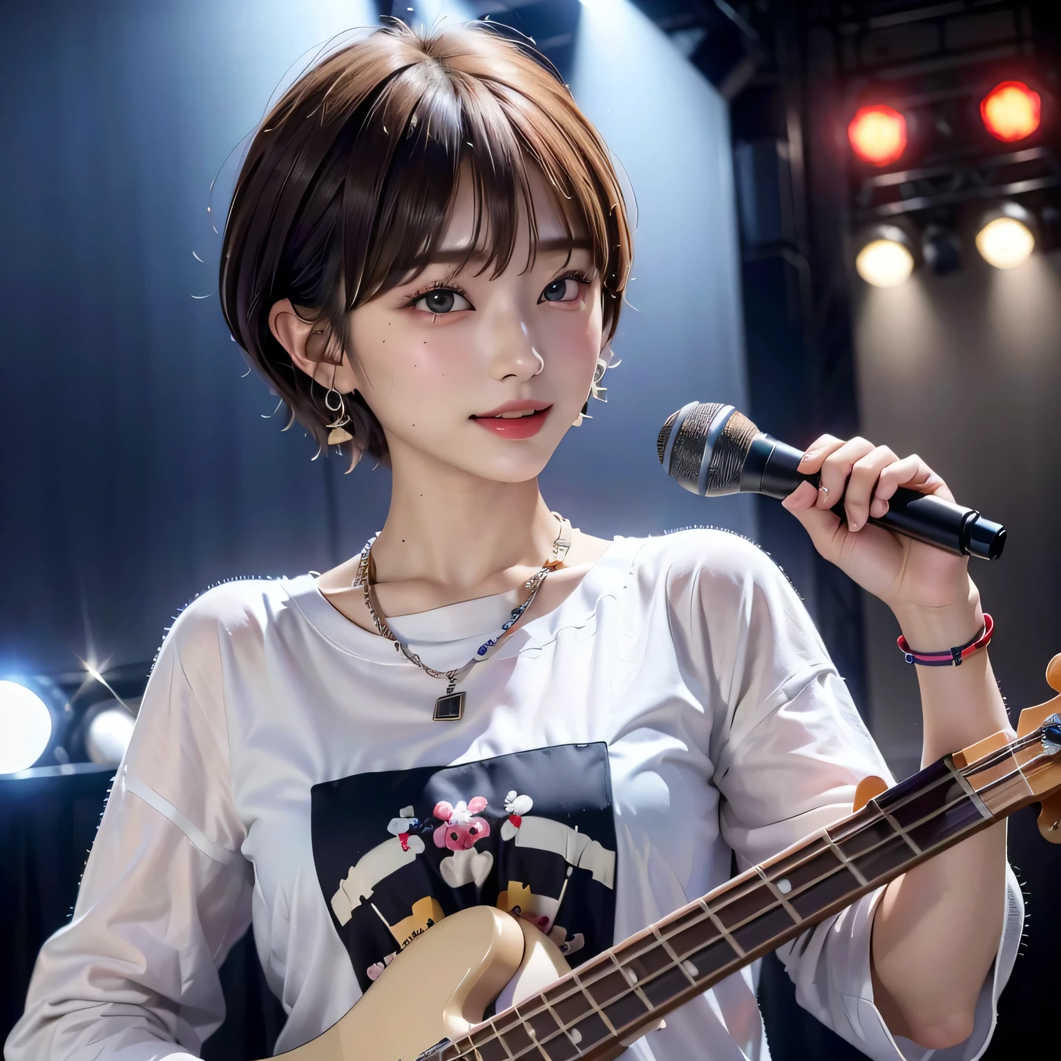 (highest quality:1.4)、(masterpiece:1.4)、RAW Photos、8k、((Best image quality))、 ((High resolution))、Beautiful face in every detail、Realistic human skin、Gentle expression、(One Woman:1.3)、Realistic、Photorealistic、short hair、(Beautiful woman)、(Cute Japanese Girl)、(boyish:1.3)、(mannish)、((Beautiful woman))、(Beautiful Hair)、((Dark brown hair))、(((Red cheeks)))、(Her eyes are big:1.3)、20 year old beauty、(Her face is small:1.5)、Small Head、((Long neck))、Pale skin、Immaculate skin、With bangs、Everyone longs for、Beautiful woman in Japan、((eight-headed body))、(necklace)、(Music Festival:1.4)、((blue sky))、singer、(Concert T-shirts)、(smile)、(Larger clothes:1.3)、Happy expression、(Bass guitar:1.3)、(on stage:1.3)、((I can see the sky))、Stand microphone、Wristband、bracelet、((Young women respect her))、Charismatic Model、She has a lot of fans、rock band、(enjoy)、Blushing、A dynamic pose
