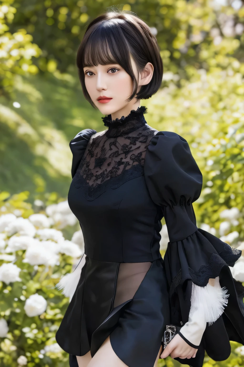 masterpiece, highest quality, High resolution, translation, Clothing cutouts, Long sleeve, Puffy sleeves, Short hair with bangs, Juliet Sleeve, Feather ornament, Black knee socks, Black gloves, Black Dress, Black Skirt, Cowboy Shot, Are standing, Outdoor