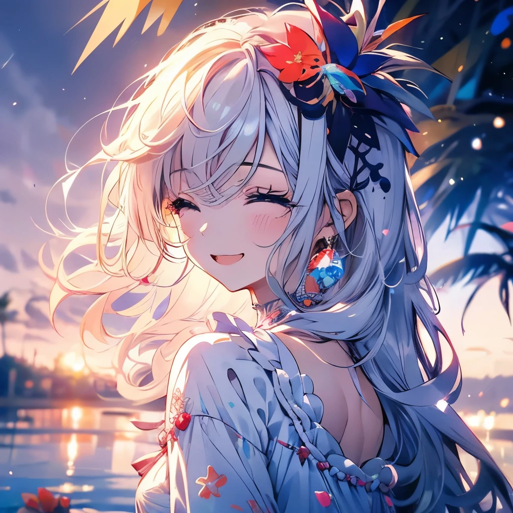 Masterpiece、Rainbow Hair、Delicate eyes、smile、Tied up hair、Beautiful hair ornament、Upper Body、(((Close your eyes and open your mouth to smile)))、night、Ocean、Palm tree