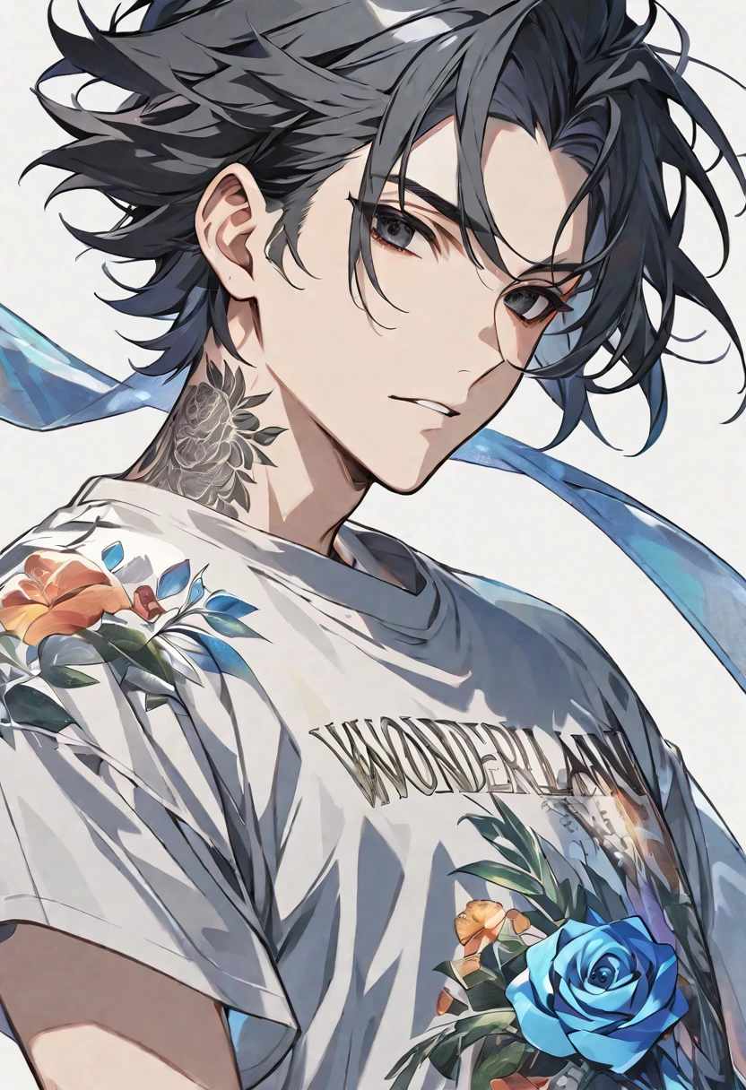 solo, handsome, 1 male, short hair, Braided black hair, Black eyes, casual,Light Blue Rose Tattoo,casual,Sports,Transparency,cool, solid gray background,Face close-up, wonderland