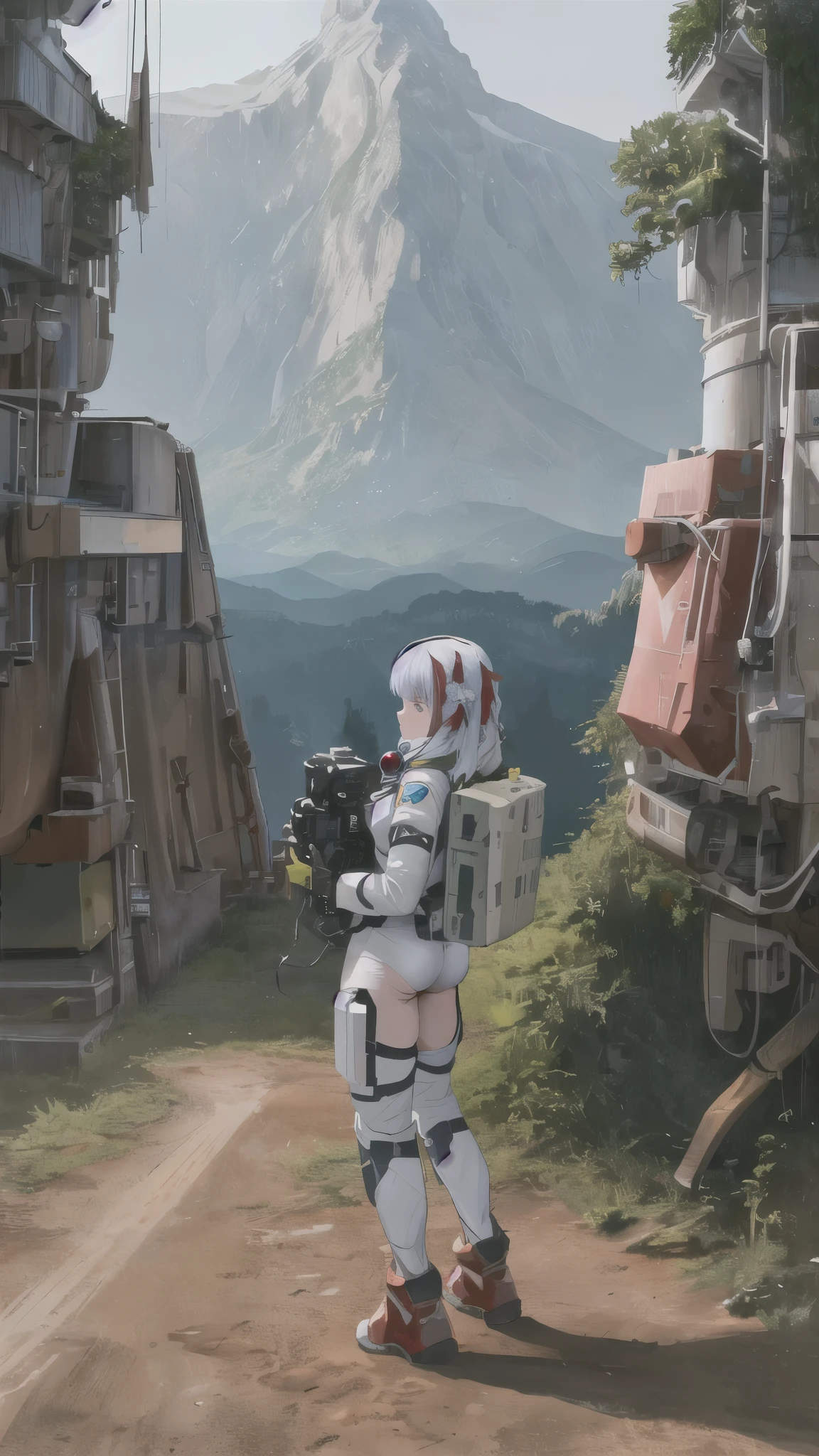 (35mmstyle:1.2), Highly detailed RAW color Photo, Rear Angle, Full Body, of (female space marine, wearing white and red space suit, futuristic helmet, tined face shield, rebreather, accentuated booty), outdoors, (standing on Precipice of tall rocky mountain, looking out at magical lush green rain forest on alien planet), vivid detail, (exotic alien planet), toned body, big butt, (sci-fi), (mountains:1.1), (lush green vegetation), (two moons in sky:0.8), (highly detailed, hyperdetailed, intricate), (lens flare:0.7), (bloom:0.7), particle effects, raytracing, cinematic lighting, shallow depth of field, photographed on a Sony a9 II, 35mm wide angle lens, sharp focus, cinematic film still from Gravity 2013, viewed from behind, dynamic angle